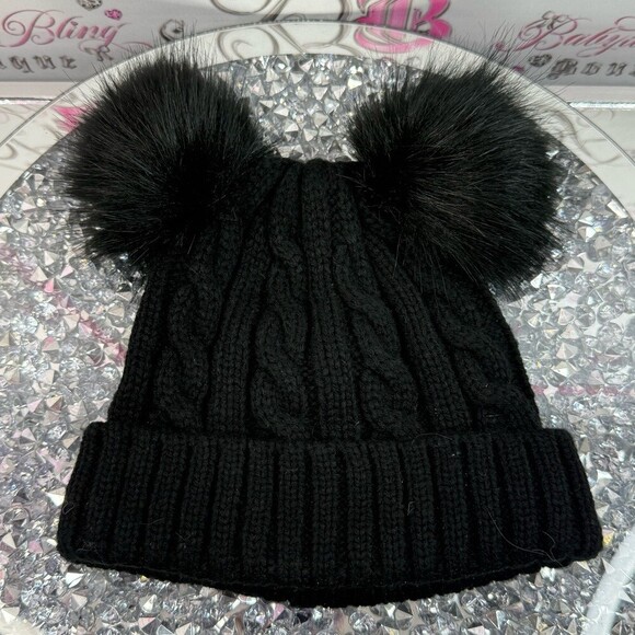 Harlow Pom Pom hat toque pig tail Black Double Pom Cable Knit Beanie main image 4